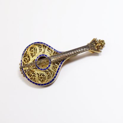 Picture of Antique Gilt Portuguese .833 Silver & Cobalt Enamel Guitar Brooch 