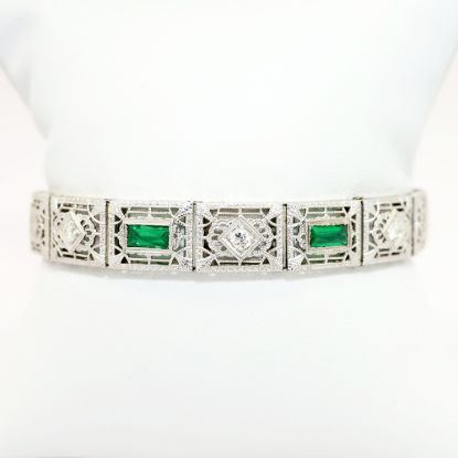 Picture of Art Deco Era Platinum & 14k White Gold Filigree, Diamond & Emerald Bracelet