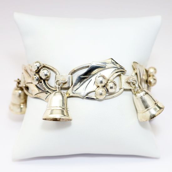 Picture of Vintage Taxco, Mexico Sterling Silver Holly & Bells Bracelet by Damaso Gallegos