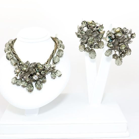 Picture of Vintage DeMario Silver & Gray Necklace & Clip-On Earring Set