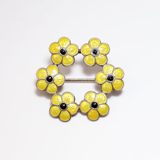 Picture of Vintage MEKA Denmark Sterling Silver with Yellow & Black Guilloche Enamel Flower Wreath Brooch