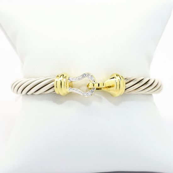 Picture of David Yurman Sterling Silver & 18k Yellow Gold Diamond Buckle Clasp Cable Bracelet