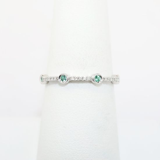Picture of 10k White Gold Petite Diamond Band Ring with Emeralds
