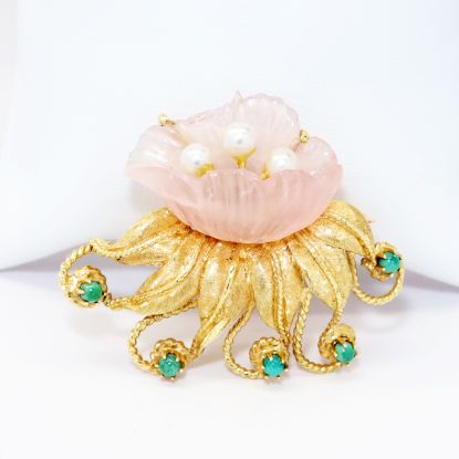 Picture of 14k Yellow Gold & Carved Rose Quartz Flower Brooch with Pearl & Turquoise Accents