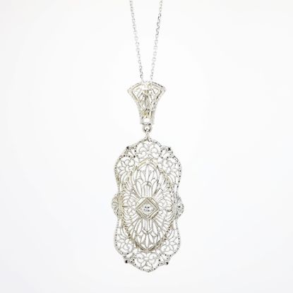 Picture of Vintage Art Deco 14k White Gold Filigree & Diamond Pendant Necklace
