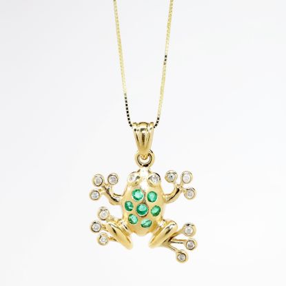 Picture of 14k Yellow Gold, Diamond & Emerald Frog Pendant Necklace