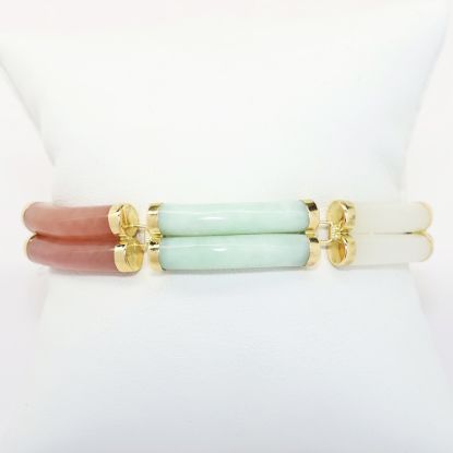 Picture of Vintage Multicolored Jade Bracelet with 14k Yellow Gold Hinges and Clasp