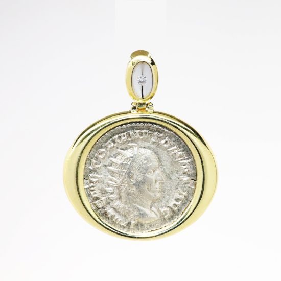 Picture of Ancient Roman Coin Pendant in 14k Yellow Gold & Diamond Bezel