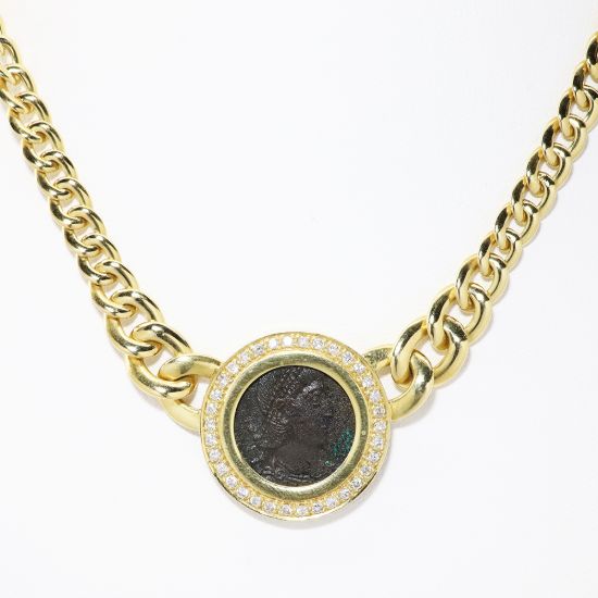 Picture of Ancient Roman Coin Pendant with Diamond & 18k Yellow Gold Bezel & Chain