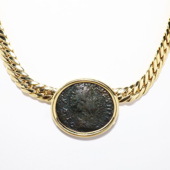Picture of Ancient Roman Coin Pendant with 18k Yellow Gold Bezel and Chain