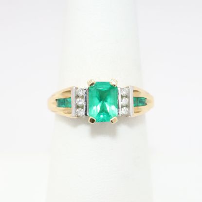 Picture of 10k Yellow Gold, Diamond & Emerald Cut Synthetic Spinel Ring