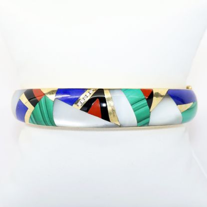 Picture of 14k Yellow Gold Bangle Bracelet with Inlaid Stones and Diamond Accents