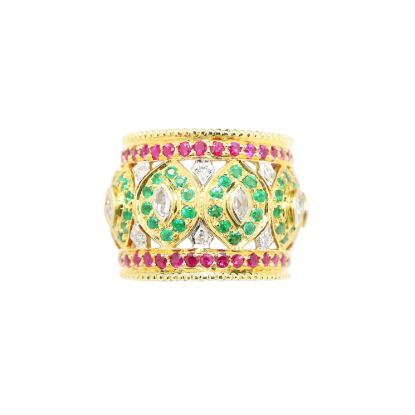 Picture of 18K Yellow Gold, Emerald, Ruby & Diamond Cigar Band Style Ring