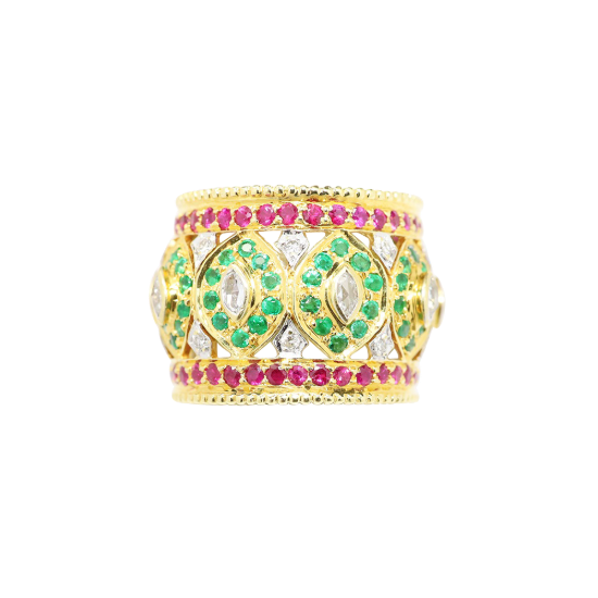 Picture of 18K Yellow Gold, Emerald, Ruby & Diamond Cigar Band Style Ring