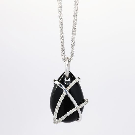 Picture of 14k White Gold Necklace with White Gold & Diamond Wrapped Black Onyx Teardrop Pendant