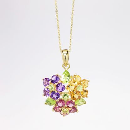 Picture of 14k Yellow Gold Necklace with Amethyst, Citrine, Pink Tourmaline & Peridot Flower Pendant