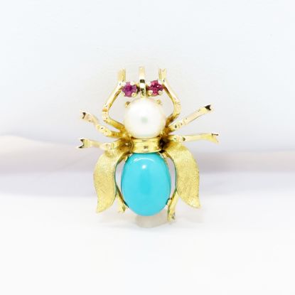 Picture of 14k Yellow Gold, Pearl & Turquoise Bumblebee Brooch with Ruby Eyes
