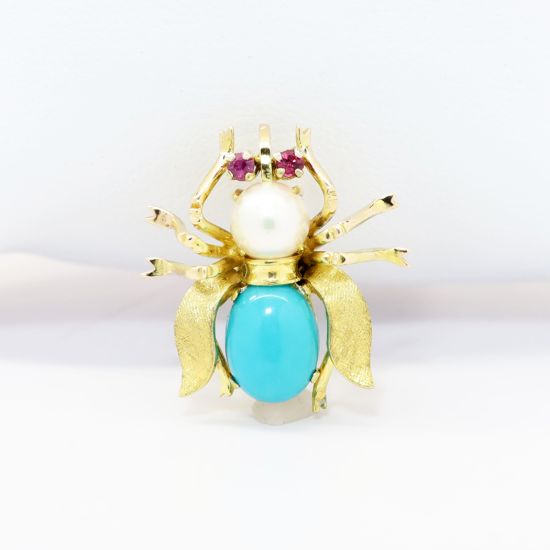 Picture of 14k Yellow Gold, Pearl & Turquoise Bumblebee Brooch with Ruby Eyes