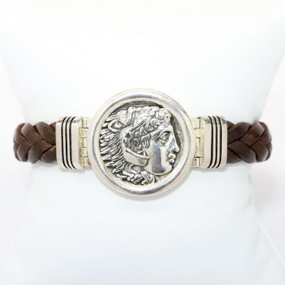 Picture of AXION Men's Braided Brown Leather Bracelet with Sterling Silver Alexander the Great Replica Coin