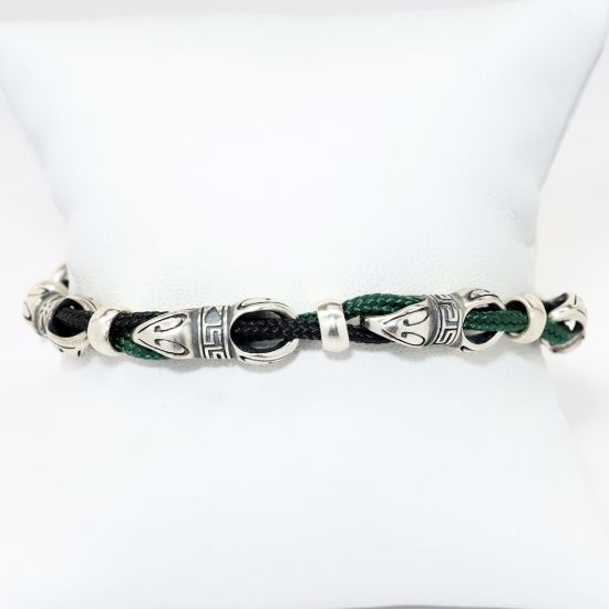 Picture of AXION Woven Black & Green Silk Rope & Greek Key Decorated Sterling Silver Links Men's Bracelet