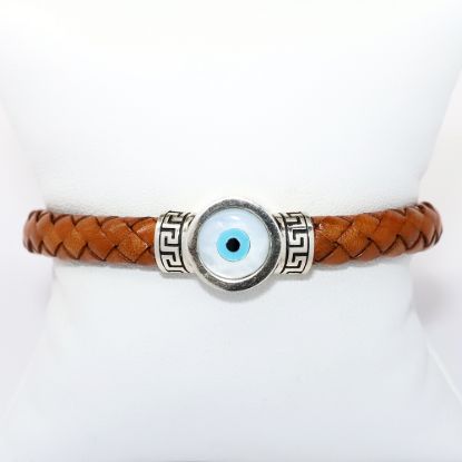 Picture of AXION Men's Woven Brown Leather, Sterling Silver & Mother of Pearl Evil Eye Bracelet