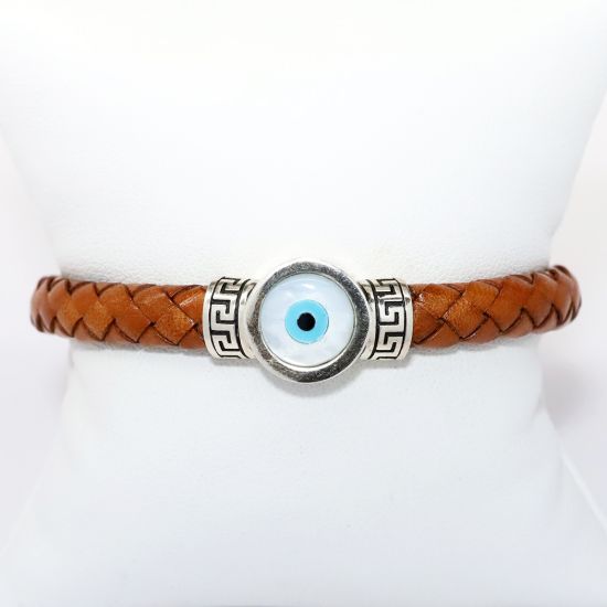 Picture of AXION Men's Woven Brown Leather, Sterling Silver & Mother of Pearl Evil Eye Bracelet