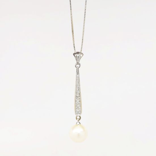 Picture of 14k White Gold & Pearl Drop Necklace with Diamond Accents