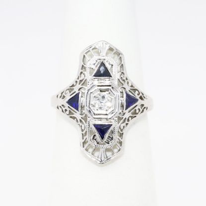 Picture of Art Deco Era 18k White Gold Filigree, Diamond & Synthetic Sapphire Ring