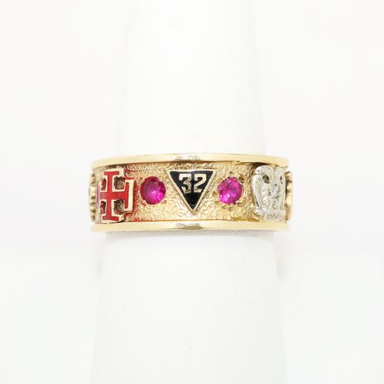 Picture of Vintage 14k Gold, Ruby, Sapphire & Diamond Enameled 32nd Degree Order of Scottish Rites Freemason Ring