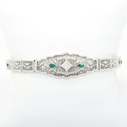 Picture of Antique Art Deco White Gold Filigree, Diamond & Emerald Bracelet