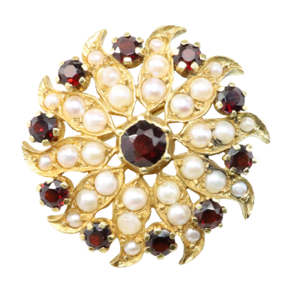 Picture of Antique 14k Yellow Gold, Garnet and Seed Pearl Sunburst Pendant/Brooch