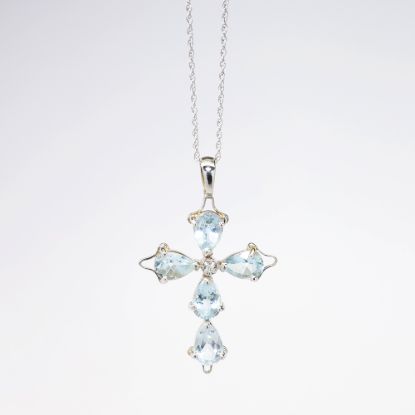 Picture of 10k White Gold, Blue Topaz & Diamond Cross Pendant Necklace