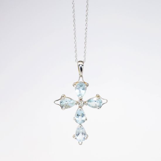 Picture of 10k White Gold, Blue Topaz & Diamond Cross Pendant Necklace