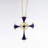Picture of 14k Yellow Gold, Cobalt Enamel, Diamond, Pearl & Sapphire Renaissance Revival Cross Pendant Necklace