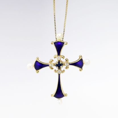 Picture of 14k Yellow Gold, Cobalt Enamel, Diamond, Pearl & Sapphire Renaissance Revival Cross Pendant Necklace