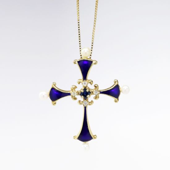 Picture of 14k Yellow Gold, Cobalt Enamel, Diamond, Pearl & Sapphire Renaissance Revival Cross Pendant Necklace
