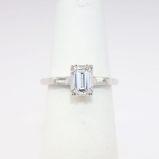 Picture of 14k White Gold Emerald Cut Diamond Engagement Ring with Baguette Cut Diamond Accents