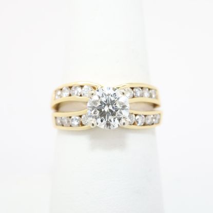 Picture of 14k Yellow Gold & Round Brilliant Cut Diamond Solitaire Ring with Split, Channel Set Diamond Band
