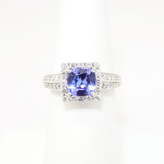 Picture of 14k White Gold & Cushion Cut Tanzanite Ring with Diamond Halo