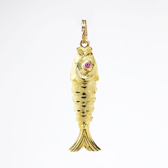 Picture of 14k Yellow Gold Articulated Fish Charm with Pink Sapphire Eyes