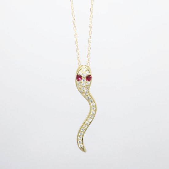 Picture of 14k Yellow Gold & Pavé Set Diamond Snake Pendant Necklace with Ruby Eyes