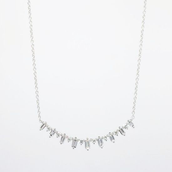 Picture of 14k White Gold Necklace with Baguette & Round Cut Diamond Curved Pendant