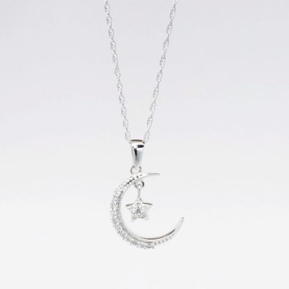 Picture of 14k White Gold Necklace with Pavé Set Diamond Moon and Star Pendant