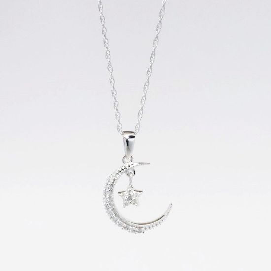 Picture of 14k White Gold Necklace with Pavé Set Diamond Moon and Star Pendant