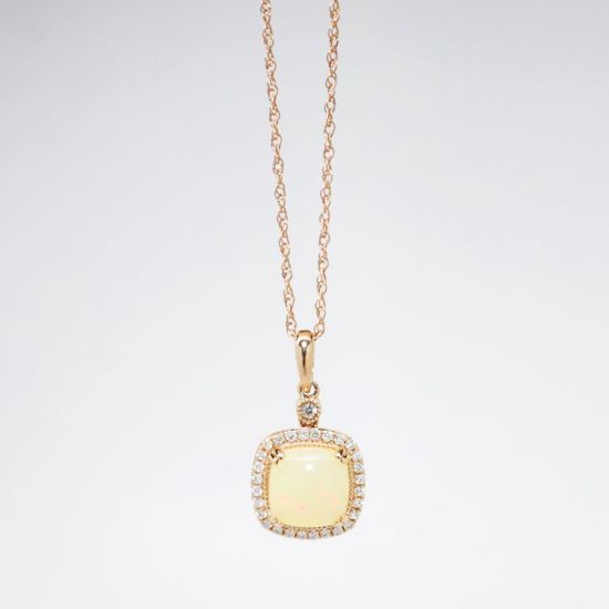 Picture of 14k Rose Gold Necklace and Opal Cabochon Pendant with Diamond Halo
