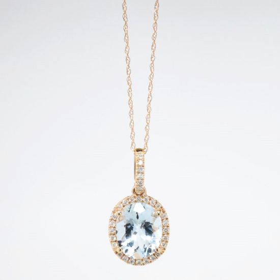 Picture of 14k Rose Gold Necklace and Oval Cut Aquamarine Pendant with Diamond Halo