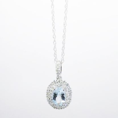 Picture of 14k White Gold Necklace and Oval Cut Aquamarine Pendant with Diamond Halo