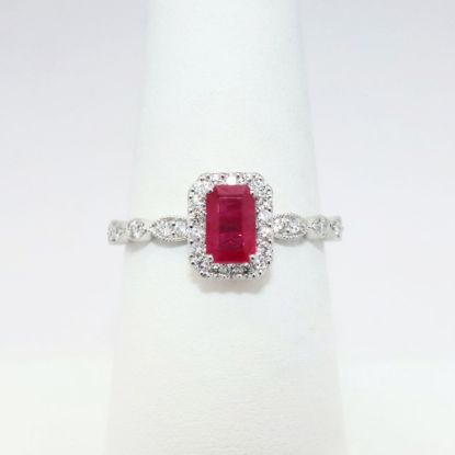 Picture of 14k White Gold & Emerald Cut Ruby Ring with Diamond Halo