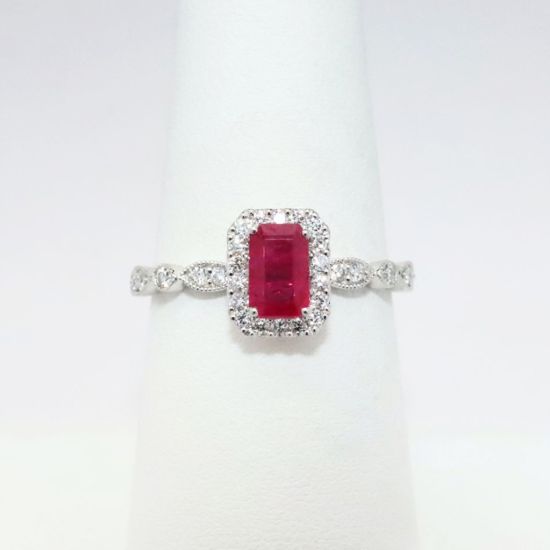 Picture of 14k White Gold & Emerald Cut Ruby Ring with Diamond Halo