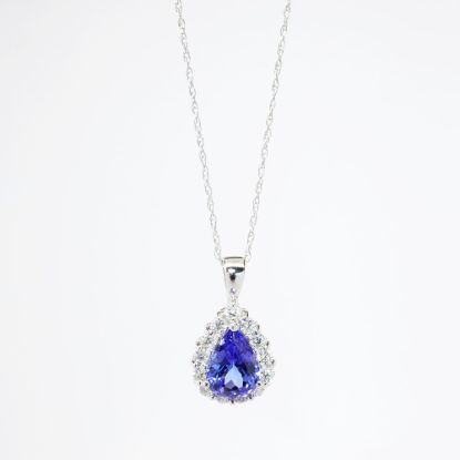 Picture of 14k White Gold Necklace with Pear Cut Tanzanite Teardrop Pendant with Diamond Halo
